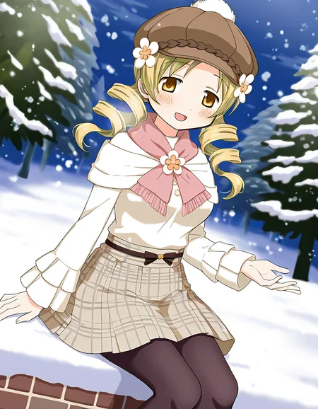 masterpiece, best quality, newest, absurdres, highres, safe, 1girl, tomoe mami \(winter costume\), magia record: mahou shoujo madoka magica gaiden, solo, brown hat, pantyhose, bare hands, open mouth, snowing, outdoors, dutch angle, <lora:tomoe_mami_noobaiXLNAIXL_vPred10Version:0.7>