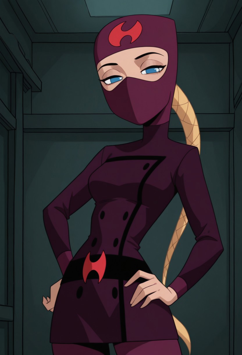 masterpiece, best quality, amazing quality, very aesthetic, absurdres, newest, 1girl, solo, indoors, looking at viewer, HuntsgirlS2, Ninja, Ninja Mask, Dark Purple Mask, Covered Mouth, Covered Head, Forehead Symbol, Blue Eyes, Braided Ponytail, Low Ponytail, Long Ponytail, Blonde Ponytail, Dark Purple Uniform, Waist Belt, cowboy shot, hand on hip, lidded eyes,