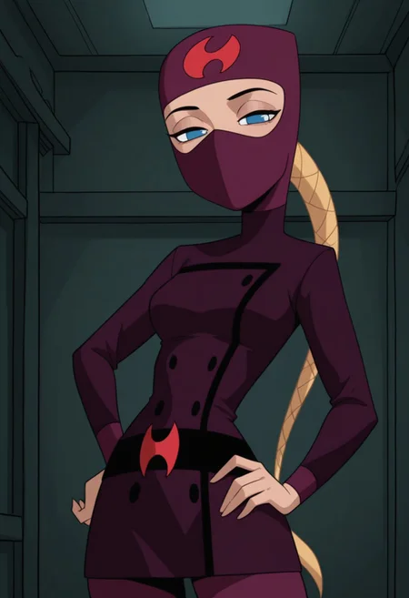 masterpiece, best quality, amazing quality, very aesthetic, absurdres, newest, 1girl, solo, indoors, looking at viewer, HuntsgirlS2, Ninja, Ninja Mask, Dark Purple Mask, Covered Mouth, Covered Head, Forehead Symbol, Blue Eyes, Braided Ponytail, Low Ponytail, Long Ponytail, Blonde Ponytail, Dark Purple Uniform, Waist Belt, cowboy shot, hand on hip, lidded eyes,