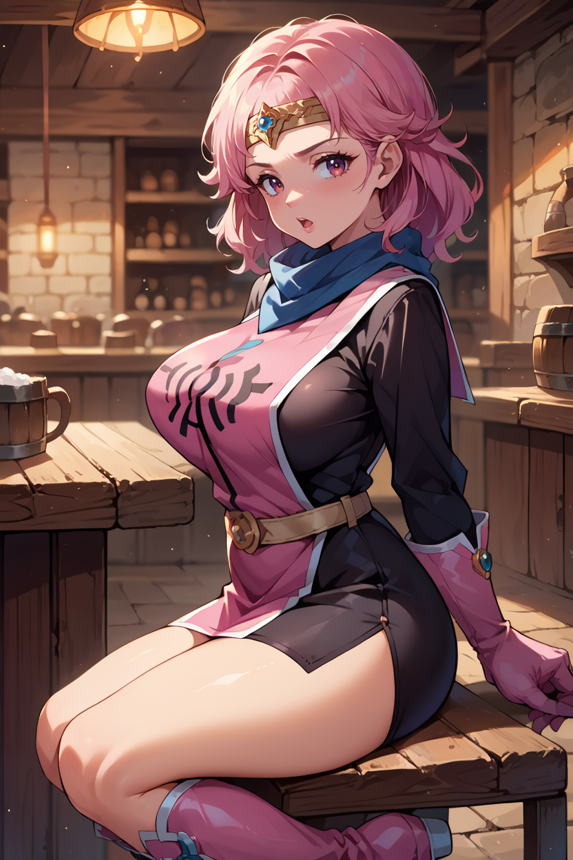 score_9, score_8_up, score_7_up, score_6_up, source_anime, BREAK 1girl, solo  <lora:dqmaam-pdxl-nvwls-v1-000005:1> priMaam, pink hair, medium hair, blue scarf, circlet, short dress, pink tabard, black sleeves, belt, gloves, boots, big breasts, looking at you, chestnut mouth, from side, sitting in a chair, tavern