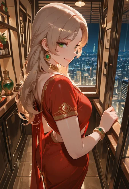 best quality, masterpiece, ultra-HD, cinematic lighting,aesthetic,i1d2sa2re,red saree,1 girl,30 years old,beautiful,solo,adult,looking at viewer,emerald color eyes,eyes detailed,light brown long hair,no bangs,happy,smile,short sleeve, jewellry, ornaments,nacklace,BREAK,in upscale restaurant,standing beside floor-to-ceiling windows,high-rise,night city background,
mouth focus, close up,side profile,from above
