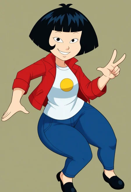 Yukari, girl, female, character, with short black hair, wearing a red jacket, a white t-shirt with a smiling face on it, blue pants, and black shoes, thick thighs, wide hips, looking at viewer,