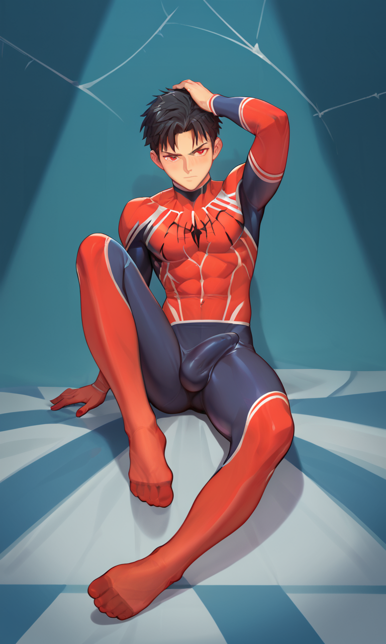 score_9, score_8_up, score_7_up, score_6_up, score_5_up, score_4_up, bartolomeobari style, red bodysuit, bulge, male focus, 1boy, erection under clothes, solo, black hair, red eyes, feet, erection, bodysuit, two-tone bodysuit, soles, foreshortening, looking at viewer, spider web print, blue bodysuit, toes, short hair, skin tight, simple background, foot focus, sitting, hand on own head, covered penis, no shoes, arm up, pectorals, knee up, blush, closed mouth, full body, superhero