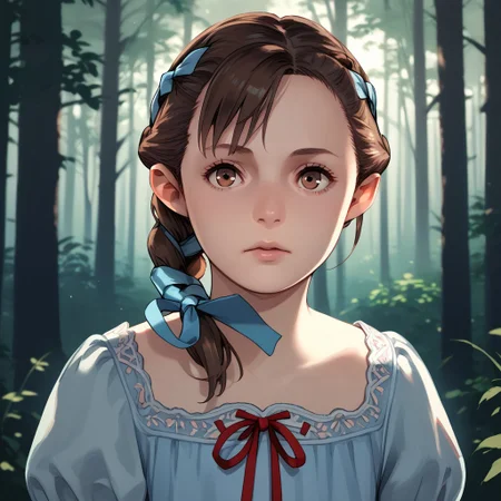 score_9, score_8_up, score_7_up, score_6_up, natalia-korda, resident evil, 1girl, dress, ribbon, brown eyes, brown hair, lips, braid, upper body, forest, face focus