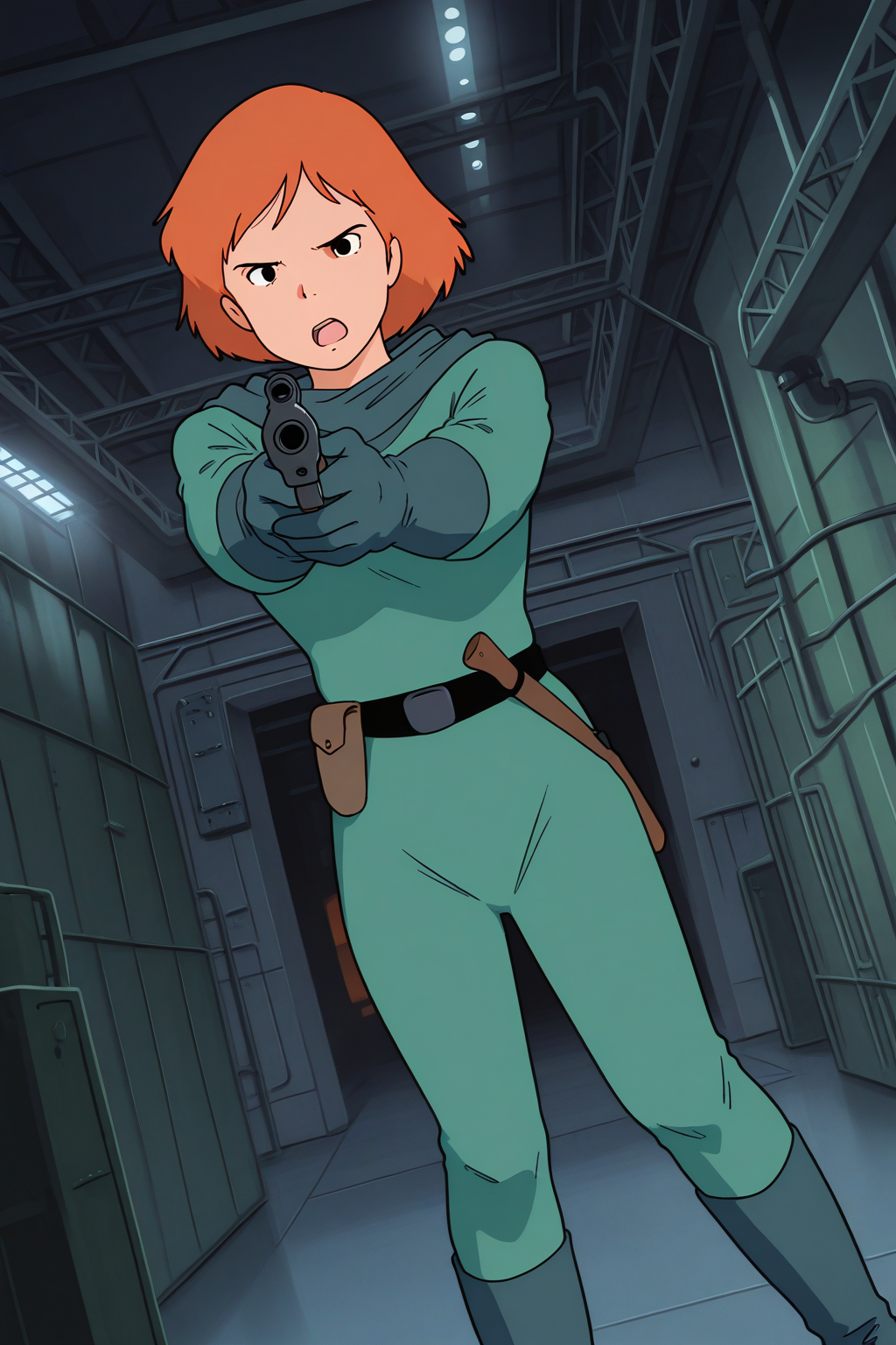masterpiece, best quality, amazing quality, absurdres, solo, conanmonsley, serious, standing, holding gun, aiming, open mouth, dutch angle, orange hair, green hood, green bodysuit, green gloves, green boots, indoors, factory, military base, warehouse