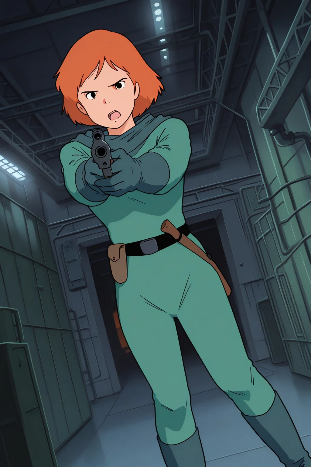masterpiece, best quality, amazing quality, absurdres, solo, conanmonsley, serious, standing, holding gun, aiming, open mouth, dutch angle, orange hair, green hood, green bodysuit, green gloves, green boots, indoors, factory, military base, warehouse