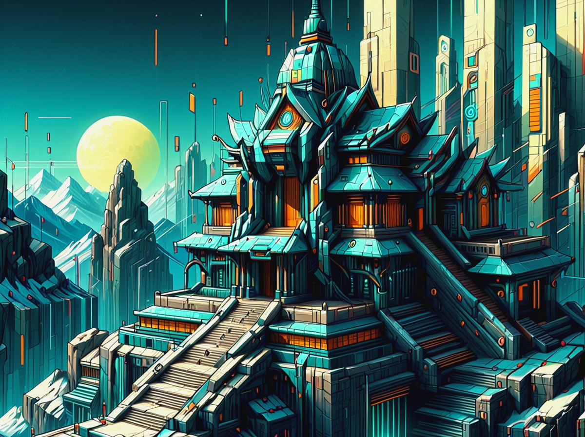 mad-cbpk-cubism, temple in the mountains, cyberpunk<lora:Neon_Cyberpunk_Cubism_SDXL:1.2>, (masterpiece:1.2), best quality, (hyperdetailed, highest detailed:1.2), high resolution textures