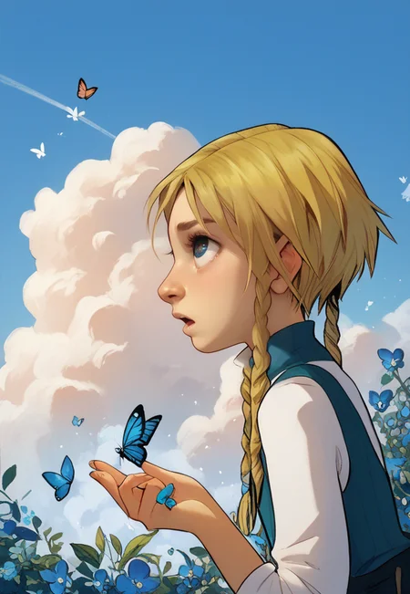 score_9, score_8_up, score_7_up, solo focus, solo, 1girl, Elyon-Escanor, blonde, twin braids, tending garden, blue eyes, butterflies, blue sky, clouds, <lora:Hoshino:1> <lora:PerfectEyesXL:.5> <lora:Sinfully_Stylish_dramitic_bold_lighting:.7> <lora:W.I.T.C.H._Elyon_Escanor:1>