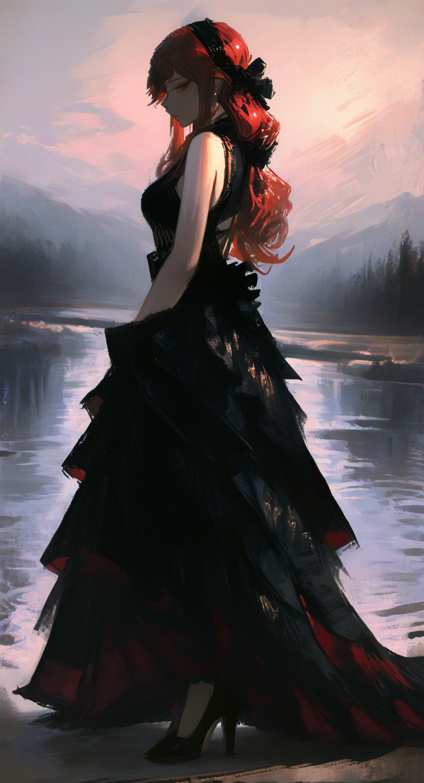 masterpiece, best quality, good quality, very aesthetic, absurdres, newest,1girl, solo, Mature woman, tall figure, bare shoulders, black bow, black dress, black hairband, bow, breasts, dress, hair bow, hairband, long hair, red hair, sleeveless, sleeveless dress, Multi-layered hem dress, look up,High heel, looking at viewer, The calm lake reflects the starlight., From Side,Full body <lora:spo_sdxl_10ep_4k-data_lora_webui:0.6> <lora:ponyv5_noobV065S_1_adamW-000013:0.7> <lora:USNR_STYLE_XL_lokr:0.45> <lora:GBF_Illustrious:0.4> <lora:748cmSDXL:0.8> <lora:shiej007:0.8>