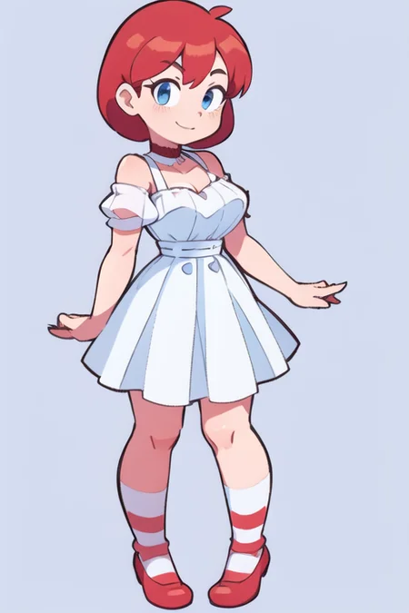 1girl, <lora:WendyW:0.7>, wendyw, striped socks, white and blue dress, red hair