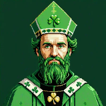 pixel art portrait, St. Patrick, bishop's mitre, green robes, shamrocks, pixelated beard, retro game aesthetic, 8-bit style