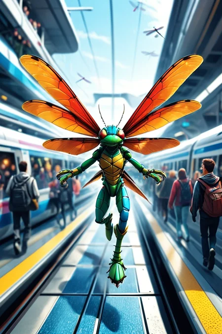 Detailed digital illustration of an anthro Dragonfly (Running towards the camera energetically) at a Crowded monorail station with futuristic trains, <lora:xl_more_art-full_v1:0.5>,  <lora:anthro_muscular:0.7>,  <lora:MJ52:0.6>, <lora:madpunk:0.4> madpunk