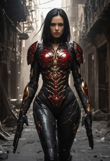 "A powerful female warrior stands confidently in a dystopian urban setting. She is dressed in a form-fitting, black armored bodysuit with red and gold embellishments, featuring intricate details such as skull motifs and mechanical components. Her armor is highly stylized, with large shoulder plates adorned with golden engravings and a glowing red jewel at the center of her chestplate. Her long, flowing black hair is streaked with shades of red, adding to her striking appearance. Her eyes glow an intense red, giving her an otherworldly, fierce look. She holds a futuristic, heavy weapon in her right hand, with complex mechanical parts and glowing elements. The background shows narrow, shadowy alleyways, with a soft light filtering through, giving the environment a gritty and dangerous atmosphere. The overall scene blends sci-fi and gothic aesthetics, with a focus on power and elegance."
