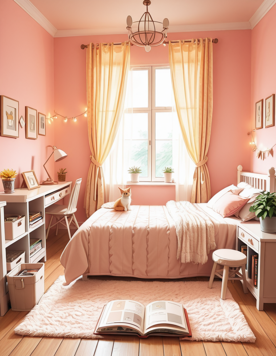 A beautifully designed modern bedroom with a warm and inviting atmosphere. The room features a large bed with soft, neatly arranged pillows and a cozy knitted blanket draped over the edge. Warm fairy lights are strung along the headboard, casting a soft golden glow. A large window with sheer curtains allows natural sunlight to filter in, illuminating the room with a gentle ambiance. The walls are painted in soft pastel tones, complementing the wooden furniture and minimalist decor. A small wooden nightstand holds a cup of coffee, an open book, and a small potted plant. A fluffy cat is curled up on the bed, adding a sense of warmth and tranquility. The background features elegant framed artwork and a tall bookshelf filled with neatly arranged books and decorative items. The atmosphere is serene and cozy, with a photorealistic style capturing the intricate details of textures, fabrics, and lighting.
<lora:SDXLFaeTastic2400:0.4> <lora:extremely_detailed:0.4> extremely detailed, 
<lora:Girl_b3dr00m-i:1>,Girl b3dr00m, Masterpiece,best quality,hi res,8k,hi res,8k,award winning,(sharp focus, intricate, highly detailed),