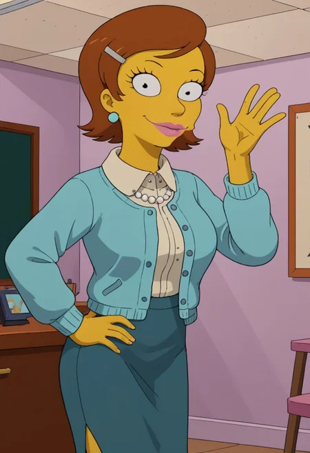 ((bedroom background)),score_9, score_8_up, score_7_up,score_6_up,
1girl, solo, MsCantwell_TS, yellow skin, black eyes, reddish brown hair, voluminous short hair, silver snap hair clip, pink lipstick, light blue pearl earrings, white pearl necklace, light blue cardigan, cream blouse with collar, teal pencil skirt, black flat shoes, big eyes, tall stature, social smile, perfect eyes, perfect smile, looking at the viewer, big breasts, detailed eyes, perfect eyes, cute, standing, (front pose, bust shot, close up to face, face portrait:1) hands on hips