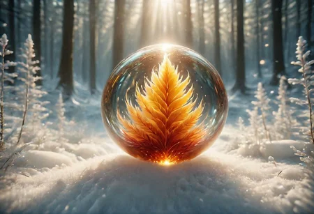 source_8_up, source_7_up, source_6_up, source_5_up, an elegant fire phoenix inside a perfect glass sphere, incredibly detailed glass, the sphere is suspended in midair, set in a beautiful frozen forest covered in glistening snow and ice, the beautiful (firebird) is the only heat or warmth that can be seen, hyper-detailed, ultra-realistic, centered composition, wallpaper, creeping void background, UHD, created from flame, highly intricate, insane details, (exquisite detail and attention given to the texture and twisting of the flame, perfectly detailed snow and ice crystals), gleaming dancing fire glass, 8k resolution, a masterpiece,