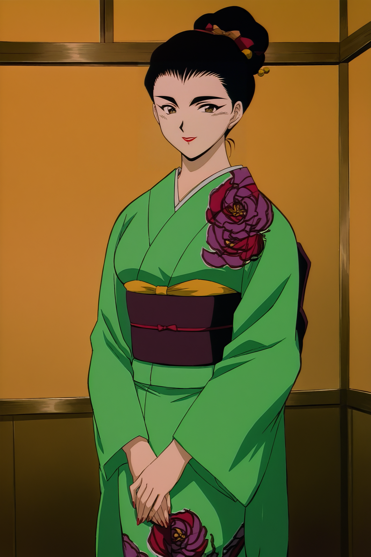 anime screencap,anime coloring,masterpiece,best quality,official style,amazing quality,beautiful detailed hair,beautiful detailed eyes,official anime artwork,retro artstyle,1990s \(style\),Reiko Terayama,1girl,solo,black hair,large breasts,brown eyes,<lora:Reiko Terayama-IL V1:1>,standing,looking at viewer,smile,red lips,lipstick,makeup,japanese clothes,kimono,green kimono,sash,obi,hair ornament,single hair bun,floral print,