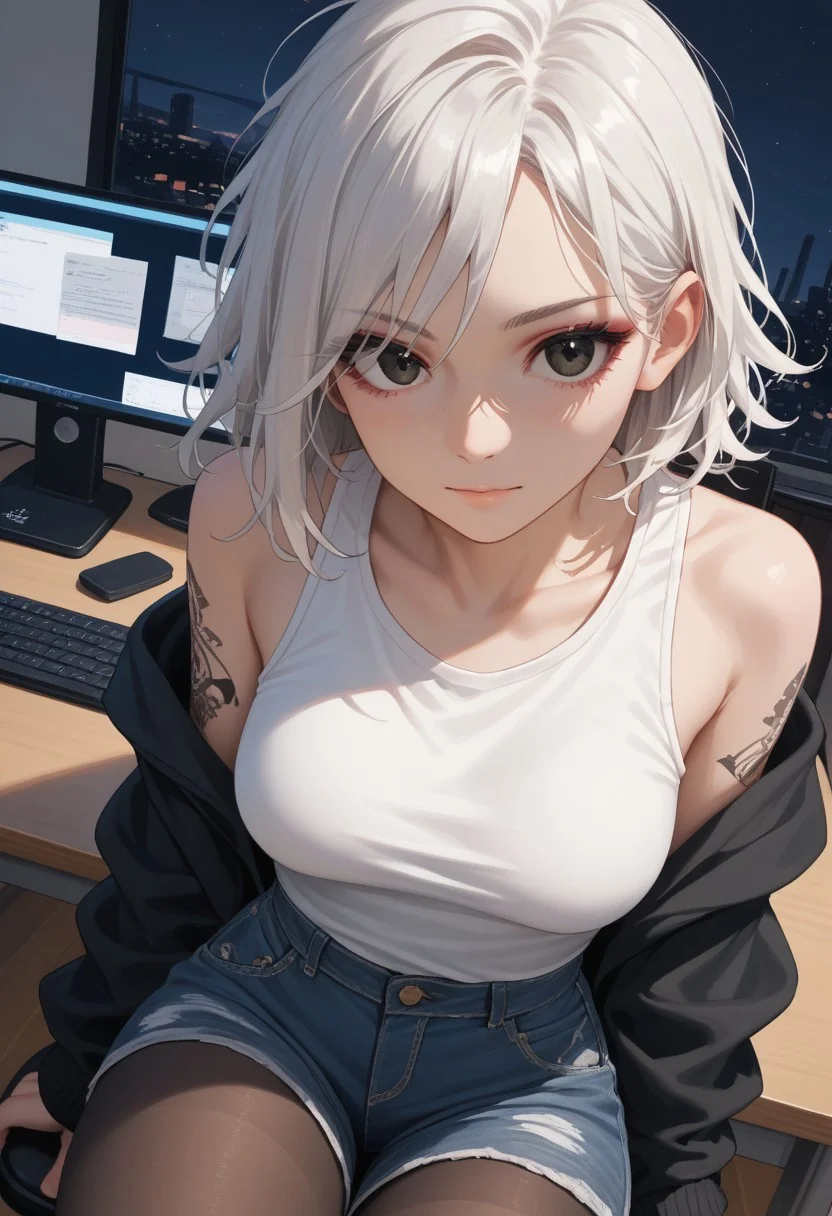 score_9, score_8_up, score_7_up, 26 years old,, zPDXL3, 1girl, solo, medium breasts, white hair,
(face focus, close-up:1.4), eyeshadow, tattoo on arm,
black eyes, medium hair, messy hair, dutch angle, chair, looking at viewer,
(white tanktop, black hoodie, bare shoulders), denim shorts, pantyhose, indoors, computer desk, sitting behind desk, night, desk light, relaxed, bedroom, (happy:0.8)