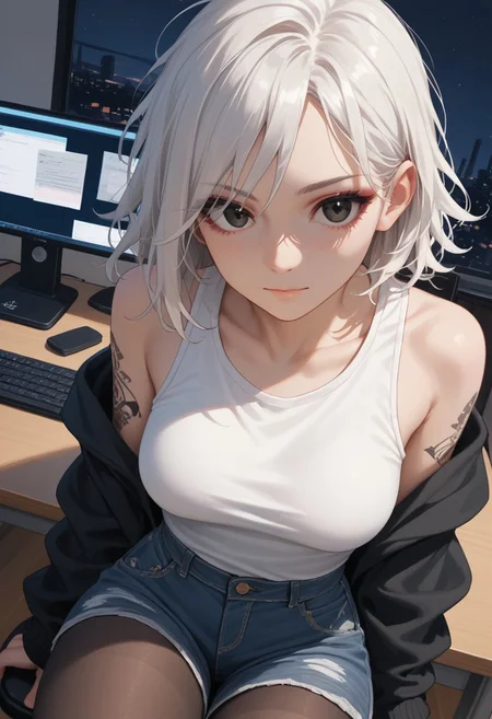 score_9, score_8_up, score_7_up, 26 years old,, zPDXL3, 1girl, solo, medium breasts, white hair,
(face focus, close-up:1.4), eyeshadow, tattoo on arm,
black eyes, medium hair, messy hair, dutch angle, chair, looking at viewer,
(white tanktop, black hoodie, bare shoulders), denim shorts, pantyhose, indoors, computer desk, sitting behind desk, night, desk light, relaxed, bedroom, (happy:0.8)