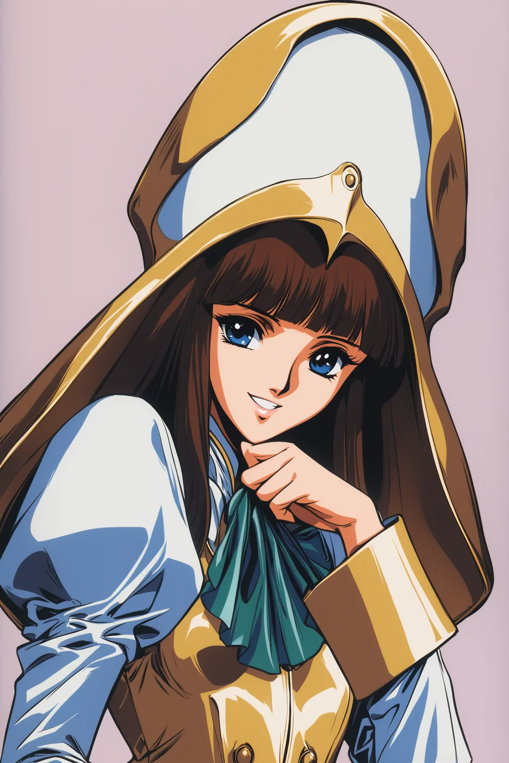 Lachesis,1girl,solo,blue eyes,smile,hat,retro artstyle,long sleeves,brown hair,puffy sleeves,bangs,looking at viewer,upper body,juliet sleeves,grin,
<lora:yuuki nobuteru_XL:0.8>,