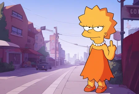 source_cartoon, <lora:Lisa_Simpsons_for_PonyXL:0.8>, lisa_simpson, rating_safe, 1girl, short hair, flat chest, orange dress, pearl necklace, glare, middle finger pointed at viewer, standing on a city street, day, outdoors, score_9, score_8_up, score_7_up, score_6_up, score_5_up, score_4_up