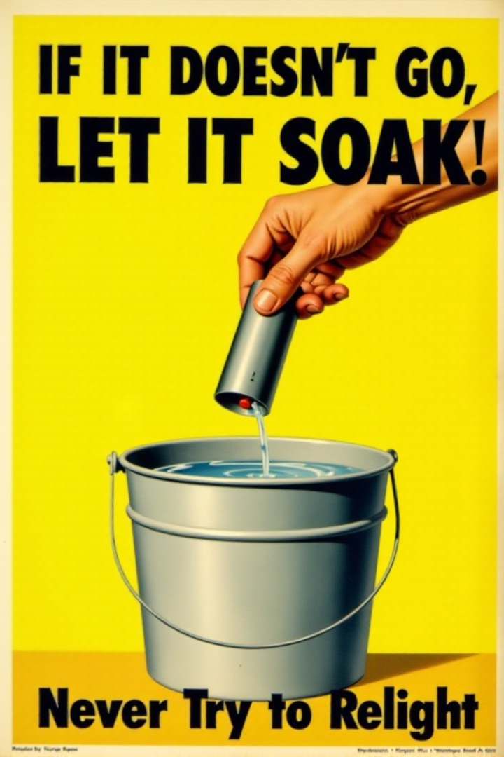 A vintage poster with a simple, direct message. It shows a hand dropping a malfunctioning firework into a bucket filled with water. Bold, black text on a bright yellow background emphatically states: "IF IT DOESN'T GO, LET IT SOAK! Never Try to Relight." Focus on the definitive action for dealing with duds.  <lora:REMEs_War_Poster_Style:0.95> In REME's War Poster Style,âââ