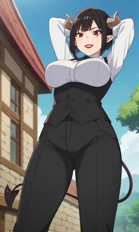score_9, score_8_up, score_7_up, 1girl,  <lora:torture_tortura:1> torturaxl, red eyes, black hair, short hair, pointy ears, facial mark, black gloves, large breasts, red lips, demon horns, demon tail, black pants, black corset, white shirt, collared shirt, long sleeves, black necktie, vest, demon girl, sway back, from below, arms behind  head,  evil smile, outdoors, blue sky, nature, standing, anime style, screencap