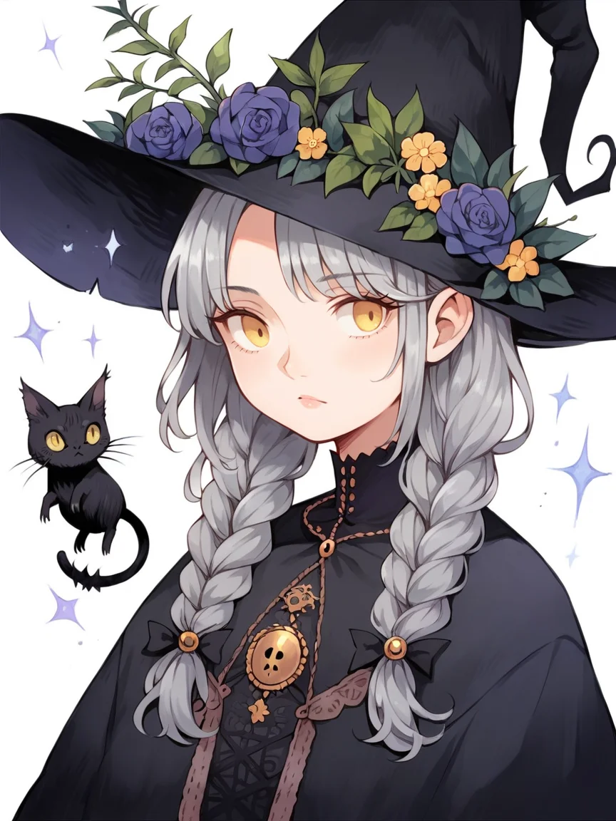 source_anime, score_9, score_8_up, score_7_up, score_6_up, score_5_up, black cat, twin braids, hair ornament, flower, grey hair, witch, witch hat, yellow eyes, <lora:h31k4l4XLP:1> h31k4l4