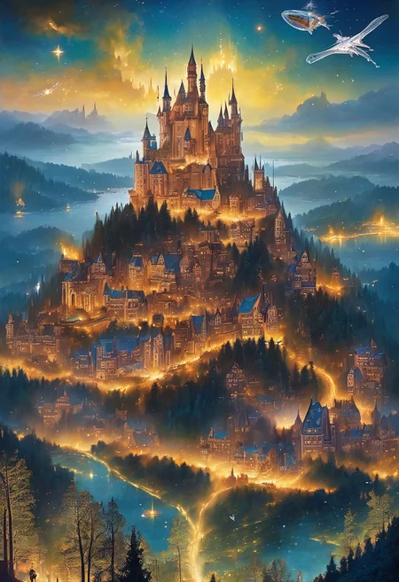fantasy city overlooking a forest, bustling nightlife with flying ships, floating castle, starry night
