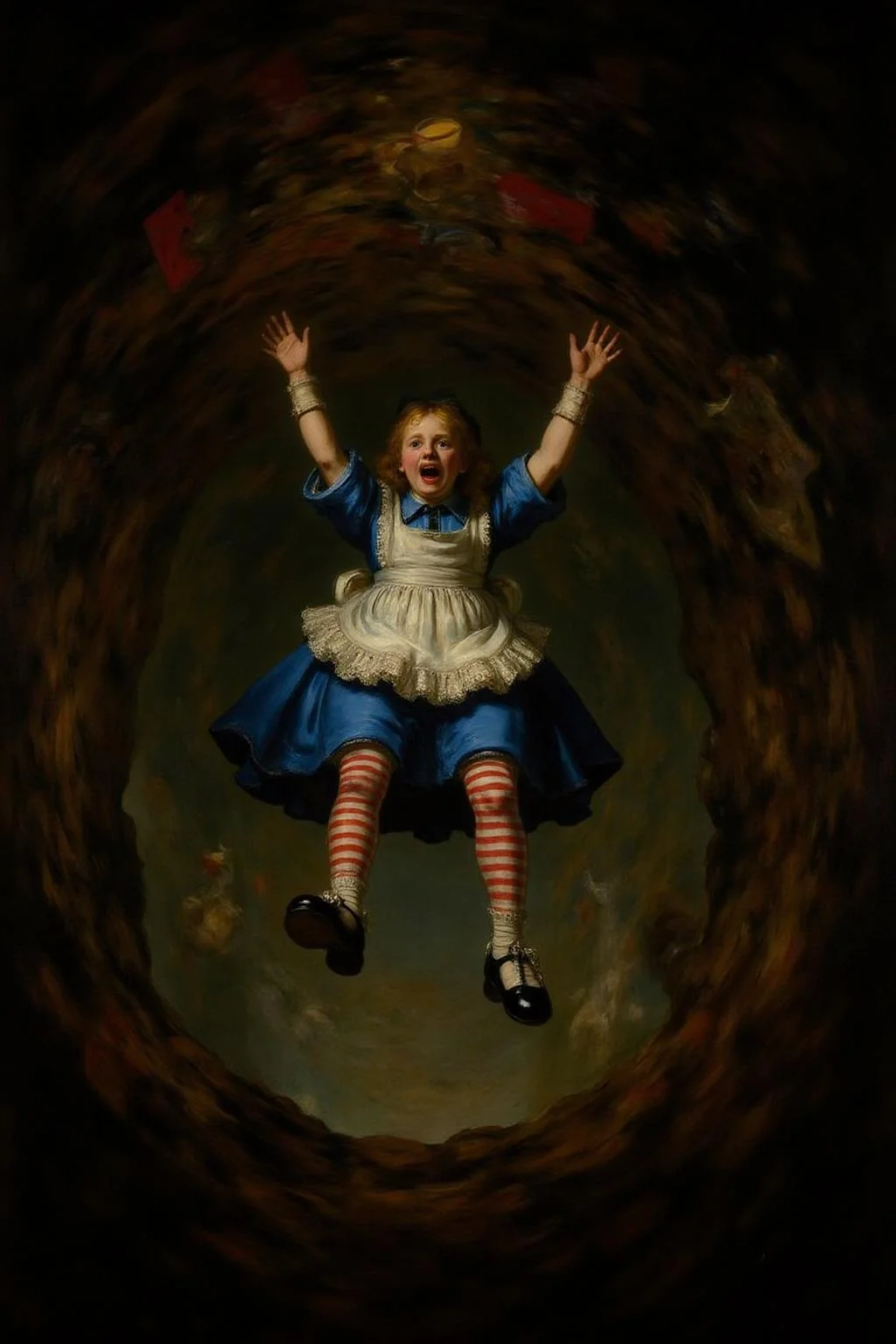 rembr2 oil painting
Overhead view of Alice in Wonderland falling into the rabbit hole, with her legs dangling beneath her. She is looking upward, her face filled with shock and terror as she screams. Her blue dress and white apron billow out around her as she tumbles, while her striped stockings and black shoes are visible below. The rabbit hole is a swirling, chaotic mix of vibrant colors, playing cards, teacups, and other Wonderland objects floating around her. Soft glowing light emanates from the tunnel walls, adding an eerie, fantastical feel to the scene. The sense of motion and fear is palpable as Alice falls deeper into the unknown. <lora:rembr_paint1_semicap_d6a3:1.0><lora:812153001419691408:0>