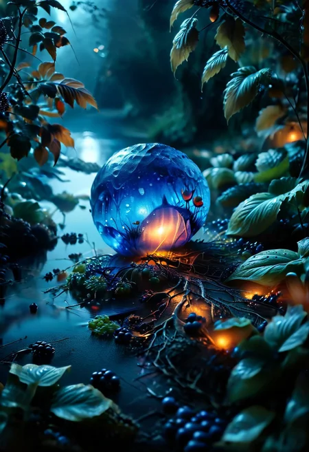 (8k analog nature photography:1.2), (a beautiful landscape:1.1) Extreme realism,  Insanely realistic, with a river in the distance, shiny sapphire (crystal:1.2) berries ,<lora:Bio-Luminescence:1> bioluminescent, glowing, focus on the fruit.  bioluminescent, glowing, detailed , detailed style, perfect, Night, darkness,