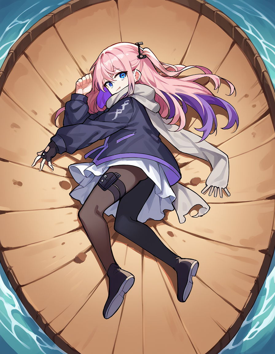 score_9, score_8_up, score_7_up, source_anime, <lora:girlsfrontline-st-ar-15-ponyxl-lora-nochekaiser:1>, st ar-15, blue eyes, hair ornament, long hair, multicolored hair, one side up, streaked hair, pink hair, purple hair,, asymmetrical legwear, black pantyhose, black socks, dress, fingerless gloves, gloves, grey scarf, holster, jacket, pantyhose, scarf, shirt, single leg pantyhose, single thighhigh, strap, thigh holster, thigh strap, thighhighs, uneven legwear, white shirt,, jetty, water, boats, dock, narrow, smile, <lora:yamcha-pose-ponyxl-lora-nochekaiser:1> yamcha pose, yamcha pose (meme), crater, meme, on side, defeat, lying, on ground, on floor,, looking at viewer, solo,, dutch angle, cowboy shot