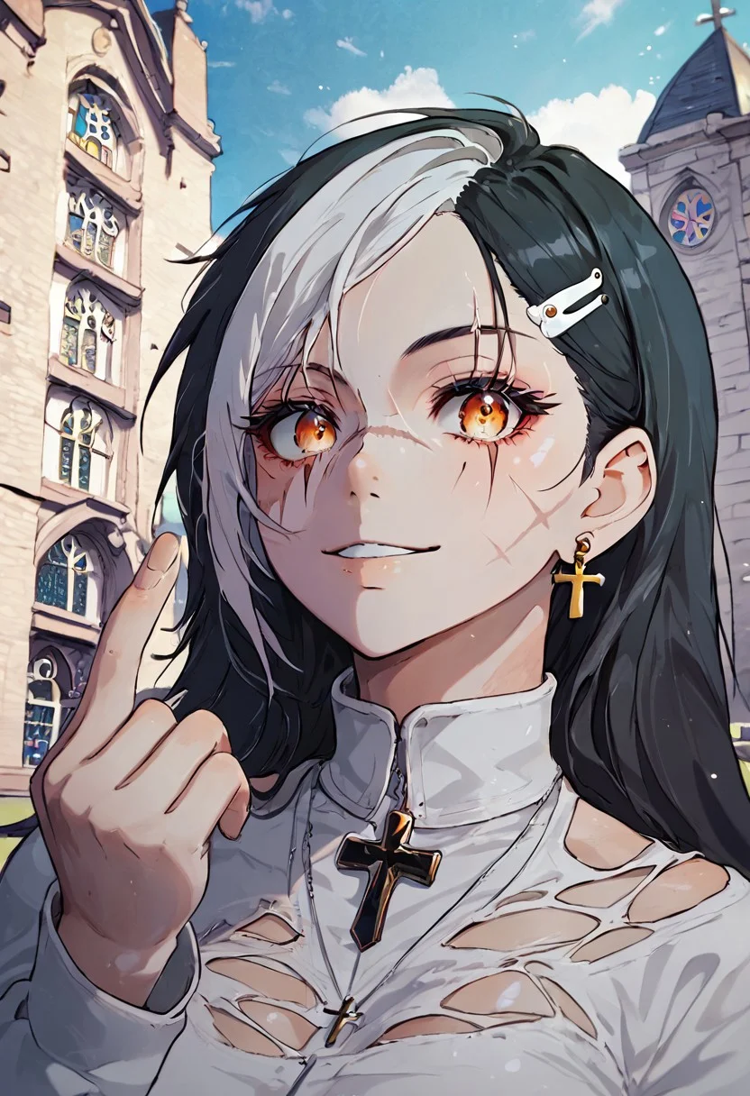 score_9, score_8_up, score_7_up,
outdoors background, detailed face, detailed clothing, christian theme, source_anime, medieval city, church,
BREAK
1girl, solo, detail1eye, pale skin, compassionate expression, smile, upper body focus, looking at viewer, white hair, black hair, multicolored hair, very long hair, straight hair, orange eyes, unusual pupil, pointing up, tattered clothes, (torn clothing), white robe, hair ornament, holy light, large breasts, modest clothing, cross earrings, scar on face, front angle,