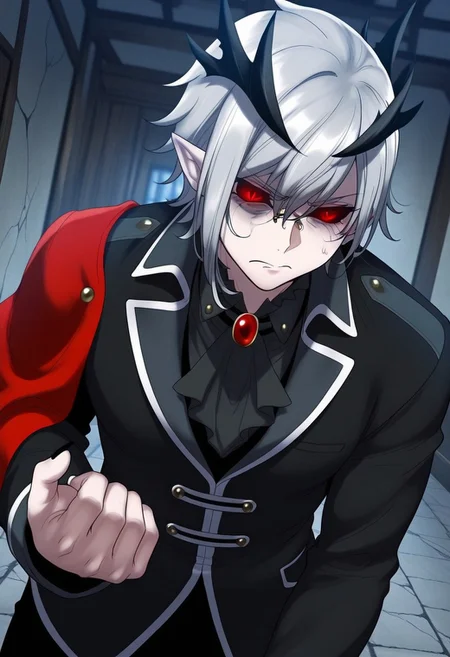 result_9, result_8, result_7, masterpiece, best quality, amazing quality, very aesthetically pleasing, Sallos, solo, 1boy, gray hair, short haircut, red eyes, narrow pupils, black sclera, cracks under the eyes, horns in the form of a crown, pointed ears, monocle, black suit, red cape, red ruby on her neck, Confident, angry, ready to fight, clawed hand,