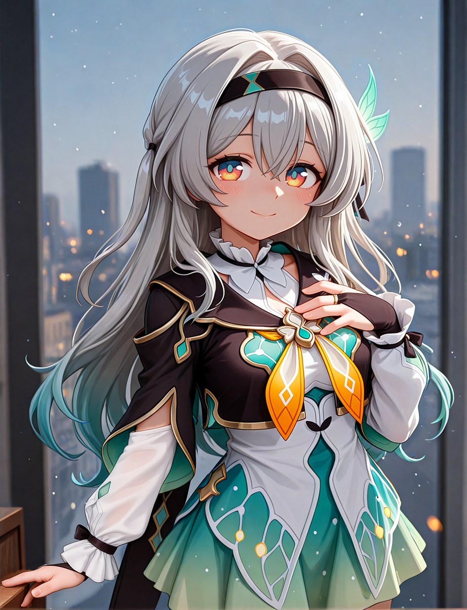 <lora:TCD-SpeedUp-SDXL-PAseer:0.5>
<lora:xl_more_art-full_v1:0.4>
<lora:aidmaMJ6.1_v0.5_IL:0.8> aidmaMJ6.1
<lora:illustrious_quality_modifiers_masterpieces v2 WAN:1>
<lora:illustriousXLv01_stabilizer_v1.121:0.25>
<lora:natural details touching grass v0.1:0.25>
<lora:StS_Age_Slider_Illustrious_v1:1.25>
<lora:DisgaeaXLV3:0.35>
<lora:Orenji-IL v2:0.35> orenji
<lora:[NULL (nyanpyoun)] Artist Style Illustrious:0.35> null_artstyle
<lora:Bluethebone_Style:0.35> bl3th3bn3_styl3_sknsfw
masterpiece, best quality, amazing quality, newest, Smooth, absurdres, highres, HDR, 8K, high detail, very awa, very aesthetic,
firefly \(honkai: star rail\)
1girl, black bridal gauntlets, black hairband, black jacket, blue hair, bridal gauntlets, closed mouth, cowboy shot, frilled shirt collar, frills, gradient hair, green skirt, grey hair, hair between eyes, hair intakes, hairband, hand on own chest, hand up, jacket, long hair, looking at viewer, multicolored hair, orange eyes, shirt, skirt, solo, white shirt, cute smile
