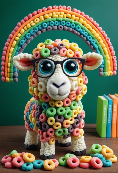 a cute chibby sheep with big rainbow eyes made made of fruit loops, very detailed, 4k, sharp, (wearing glasses), intelligent donkey, library background