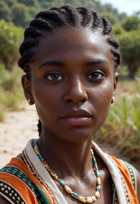 score_9, score_8_up, score_7_up, (masterpiece, best quality, ultra-detailed, realistic), 1girl, solo, 25 years old, perfect face, adult, sexy, black hair, black eyes, African black skin detailed face, face focus, eyes, wearing African clothes, African head wrap clothe