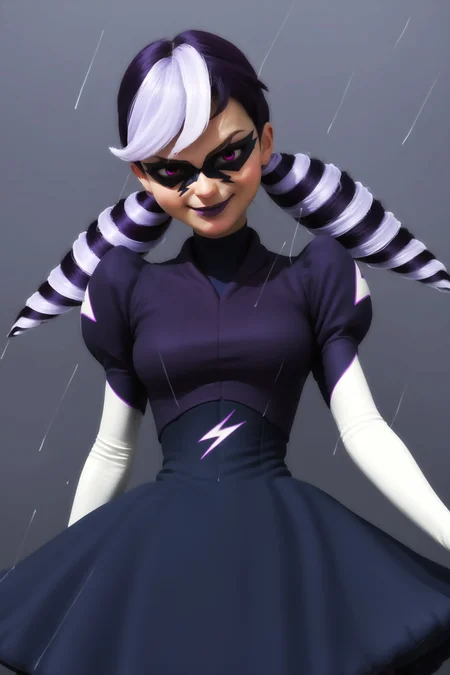 score_9, score_8_up, score_7_up, masterpiece, high quality, solo, beautiful girl, 20 years old, imtdstormyw, 1girl, dress, multicolored hair, two-tone hair, purple hair, white hair, drill hair, long hair, twintails, twin drills, mask, domino mask, makeup, purple eyes, lipstick, gloves, pantyhose, elbow gloves, purple lips, puffy short sleeves, medium breast, evil smile, evil, stormy background, rain, lightnings.
