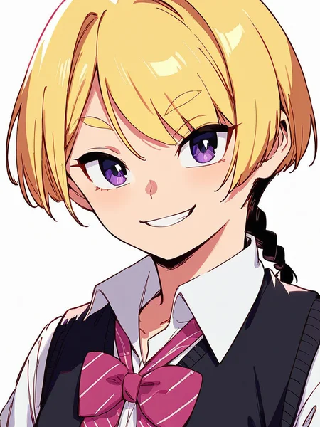 score_9, score_8_up, score_7_up,  
1girl,  ichiha ee, short hair, single braid, blonde hair, small breasts, purple eyes, black braid,

upper body, face, smile, looking at viewer, school uniform, white shirt, long sleeves, black sweater vest, bowtie, white background,