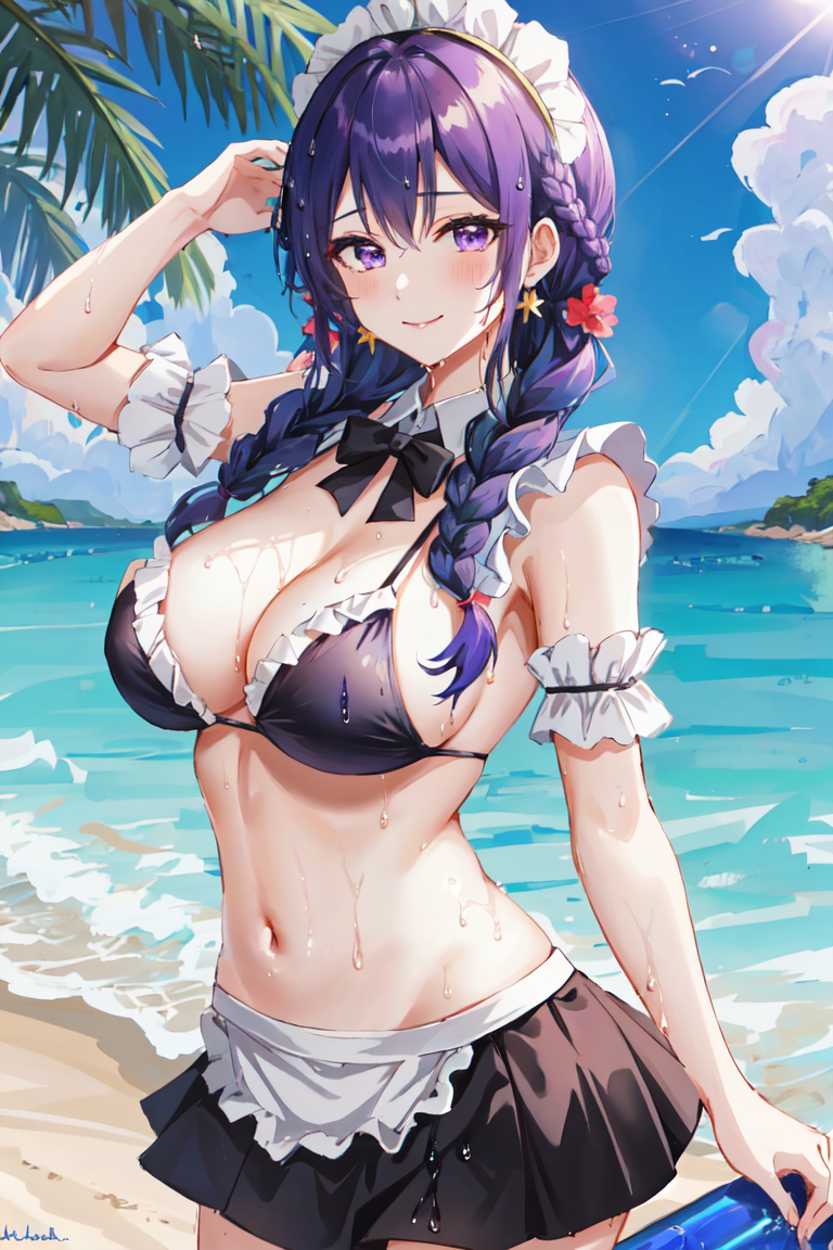 french braids, {large breasts},1girl, solo, blue hair, purple eyes, smile, black maid bikini, sky, lake, wet body, wet clothes, wet, sweat, maid headdress, frills, full lips, closed mouth, muscular female, short skirt,