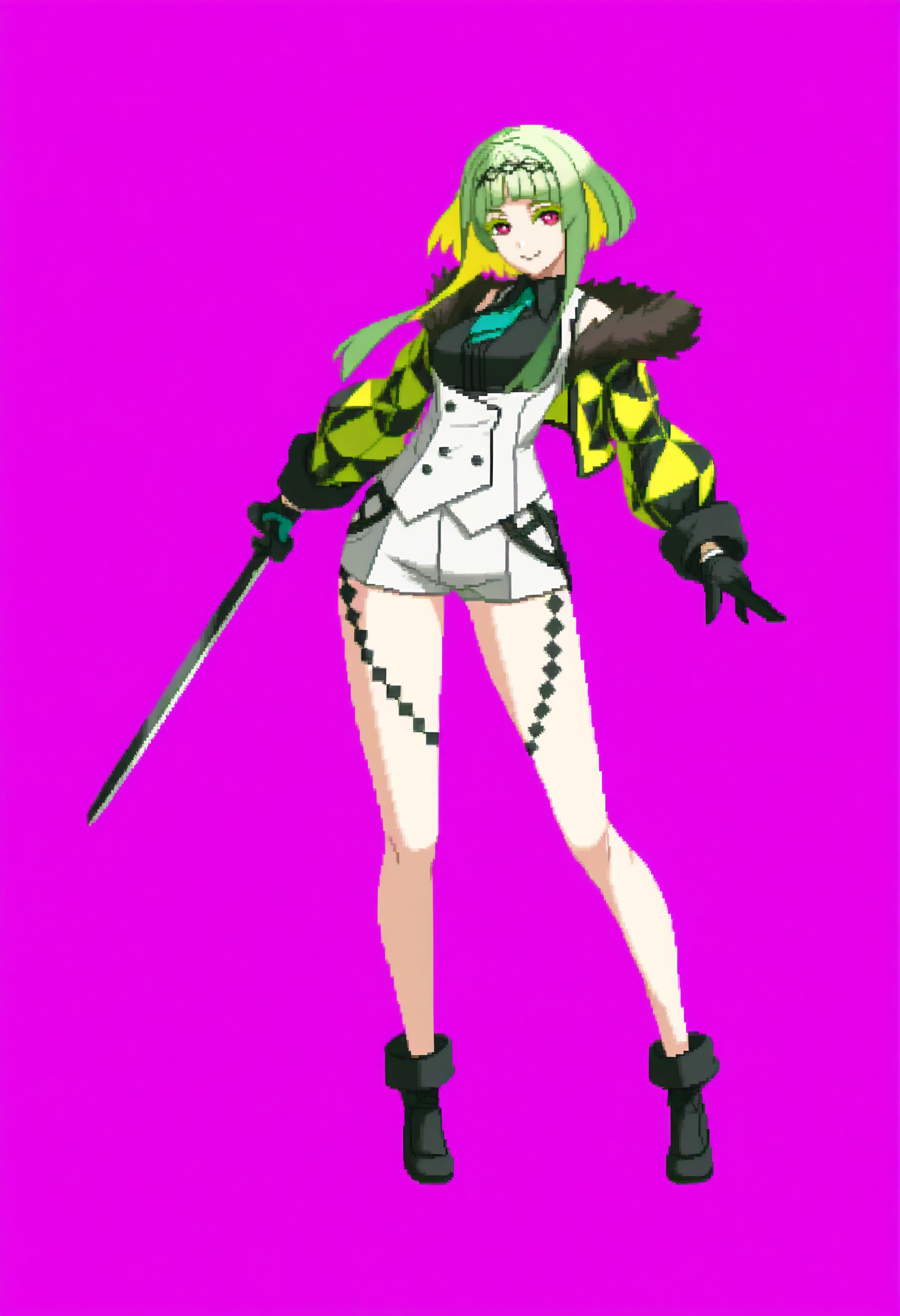 masterpiece, best quality, solo, 1girl, smile, looking at viewer, <lora:Dengeki_Bunko-illus_Fp:1>, full body, pixel art, simple background, <lora:Ringo-illus_Fp:1>, ringosh2, short hair with long locks, red eyes, green hair, colored inner hair, colored eyelashes, hairband, collared shirt, white vest, white shorts, necktie, black shirt, cropped jacket, fur trim, off shoulder, body markings, gloves, holding sword, multicolored jacket,