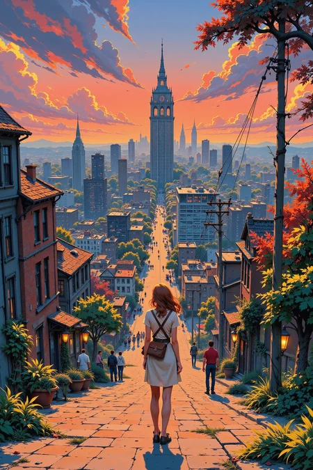1960s 60's city beautiful anime landscape, morning, woman, very intricate, very detailed, sharp, bright, colorful, <lora:Hand v2:0.5> <lora:Anti-Blur:1><lora:Insane Detail Slider:0.25> <lora:flux.1_lora_flyway_Epic-detail_v2:0.3> <lora:fluxenhancer:0.25> <lora:ROWER:0.6> <lora:Niji Anime Scenic:0.8>