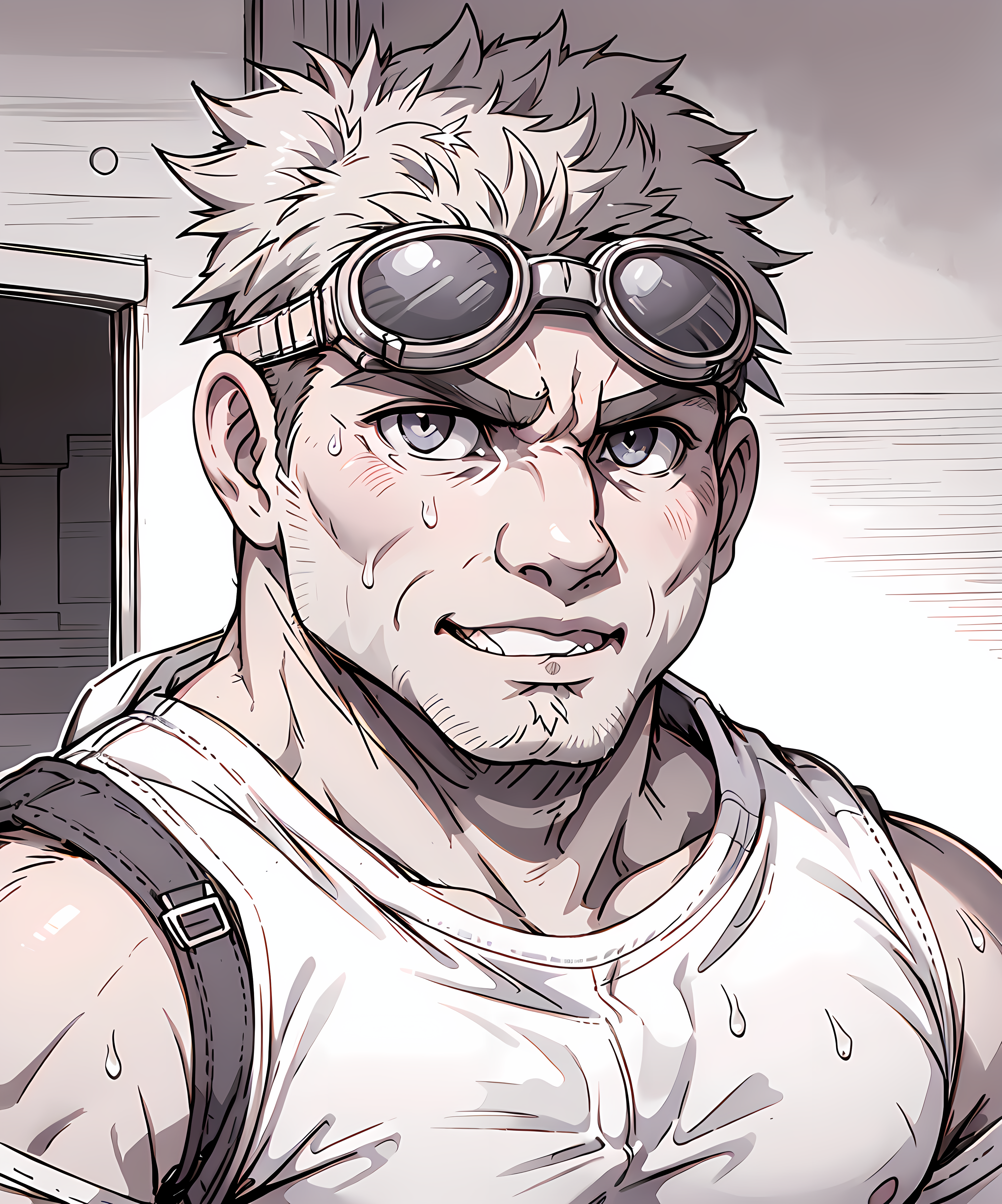 <lora:Damon_Baird:0.75> damon_baird, looking at viewer, muscular, blush, embarassed, grinning teeth, angry, goggles, potrait, monochrome, manga, doujinshi, white tank top, black and white, sweat, bedroom