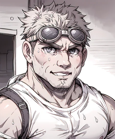 <lora:Damon_Baird:0.75> damon_baird, looking at viewer, muscular, blush, embarassed, grinning teeth, angry, goggles, potrait, monochrome, manga, doujinshi, white tank top, black and white, sweat, bedroom