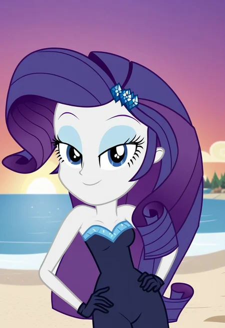 four fingers, detailed eyes, Rarity, looking at viewer, 1girl, bent over, one hand on hip, solo, dusk, beach, sunset, breasts, petite body, bedroom eyes, seductive face, smiling, closed mouth, scattered diamonds in hair, hair glitter speckles, strapless bodysuit, dark blue outfit, dark blue gloves, (flat shading, soft shading), ((equestria girls, show accurate:1.2))