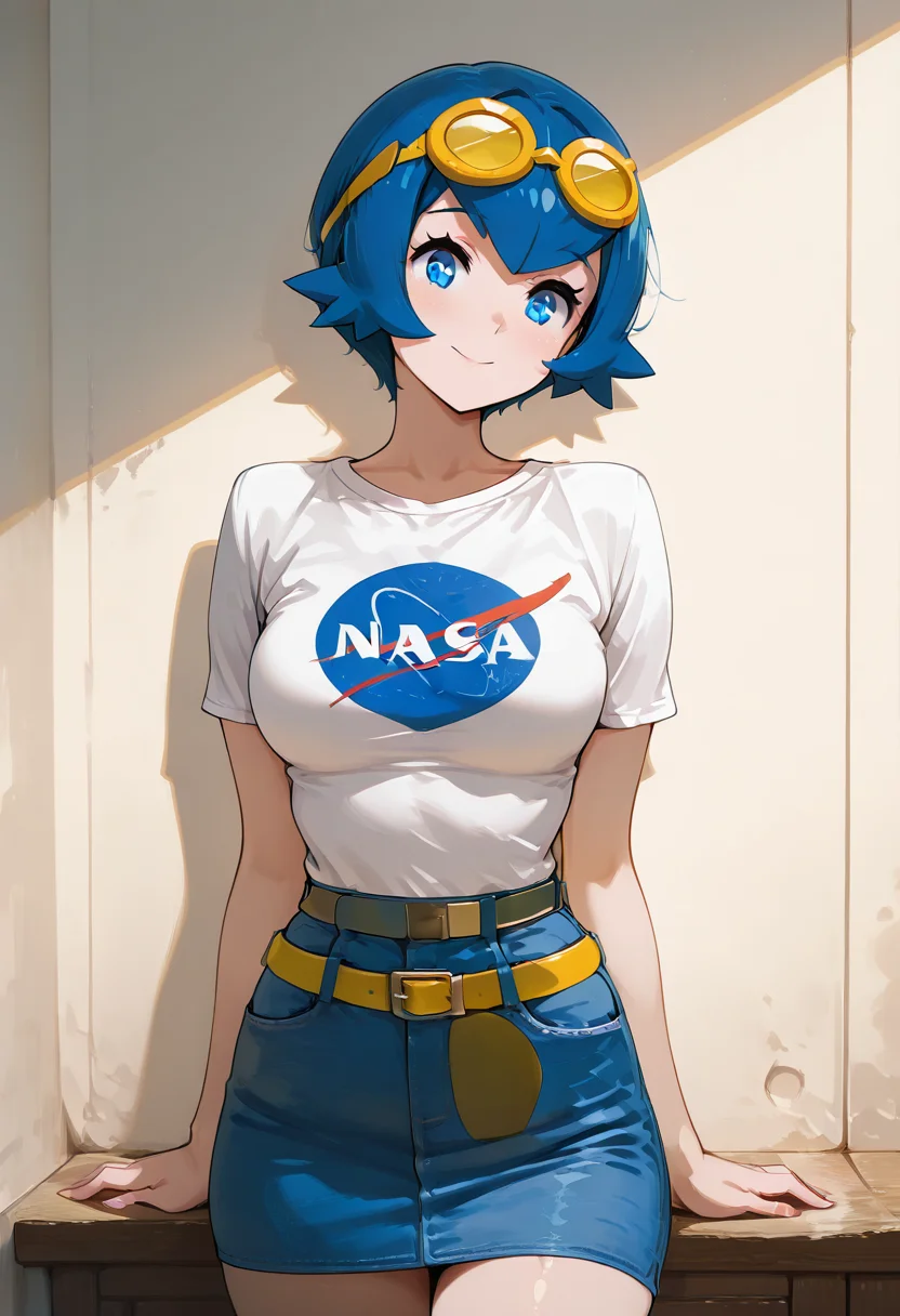 masterpiece, best quality, medium breasts, (curvy), narrow waist, BREAK, zzCLana, blue eyes, blue hair, short hair, goggles, yellow belt, <lora:CollegeLanaCitronOC_NAI:1.0>,smile, looking at viewer, cowboy shot, N4S4, denim skirt, ,<lora:NASAShirtAnime_IXL_v1:1.0>,
