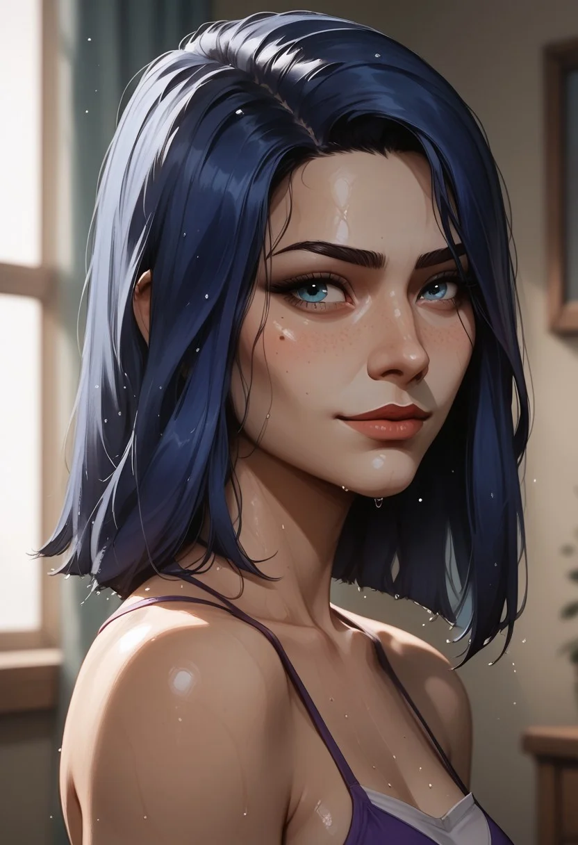 score_9, score_8_up, score_7_up, score_6_up, 1 girl , kawaii girl, freckles, sexy, blushing, petite, slim, smiling, soles, portrait, bedroom, detailed drawing, partially illuminated, blurry background, face focus, slightly angled view, s1_dram, watercolor \(medium\), traditional media, caitlyn league of legends, blue eyes, dark blue hair, smooth hair, small breasts, round breasts, standing up, good posture, standing up straight, wet skin, shiny skin, arms behind back,