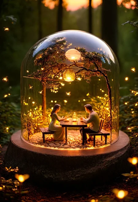 A meticulously crafted glass dome encapsulating a serene miniature version of lovers on a bench. Rose, romantic couple, scenic landscape, golden sunset, lovers, park, enchanted forest, fireflies, soft lighting, warm tones, intimate atmosphere, dreamy, cinematic composition, nature and romance. realistic, photo