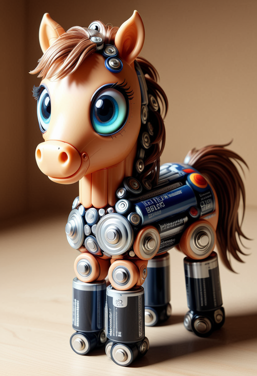 B4TT3R13S, a cute pony is made of batteries, detailed face, (big eyes:0.9), detailed eyes, ,Masterpiece,best quality, raw photo, realistic, very aesthetic
