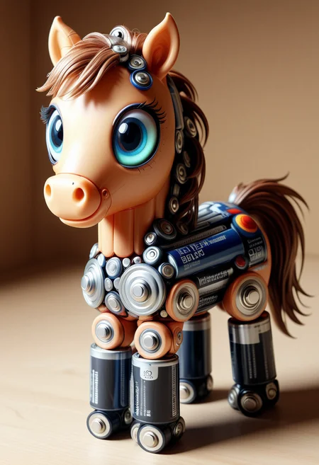 B4TT3R13S, a cute pony is made of batteries, detailed face, (big eyes:0.9), detailed eyes, ,Masterpiece,best quality, raw photo, realistic, very aesthetic